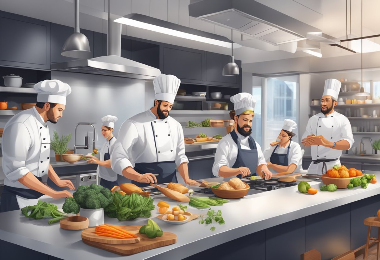 A group of chefs and food experts collaborate in a modern kitchen, surrounded by vibrant ingredients and cooking equipment
