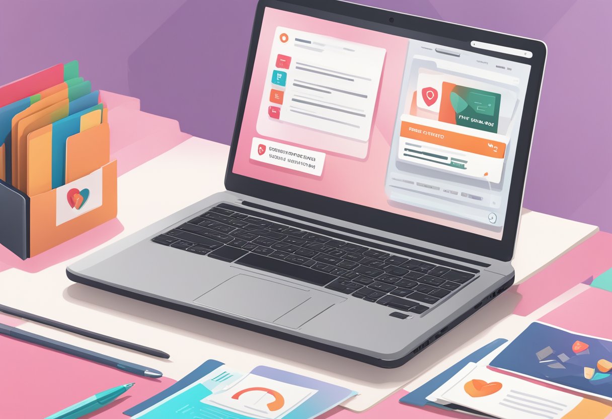 A laptop with the Tinder Singapore website open, surrounded by a stack of FAQ cards and a pen