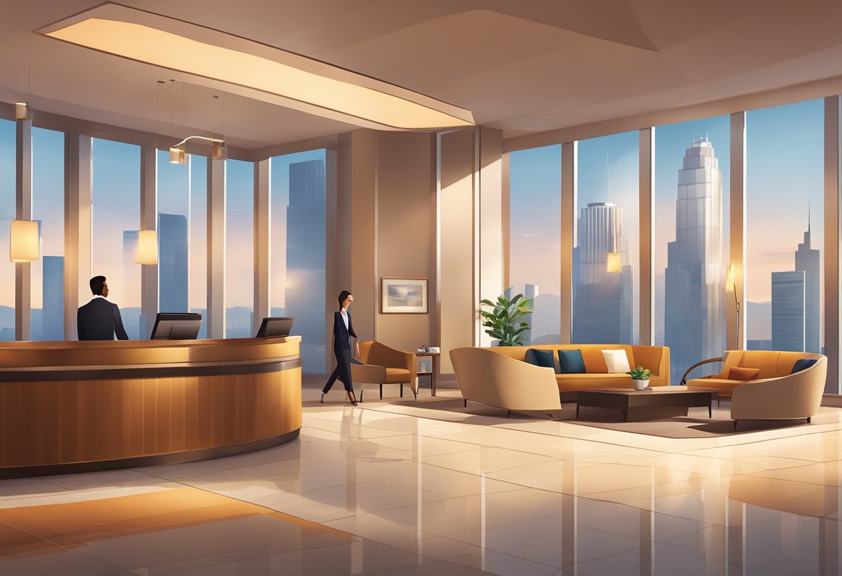 A modern hotel lobby with sleek furniture and a check-in counter. A large window overlooks the city skyline, and a warm, inviting color scheme creates a comfortable atmosphere