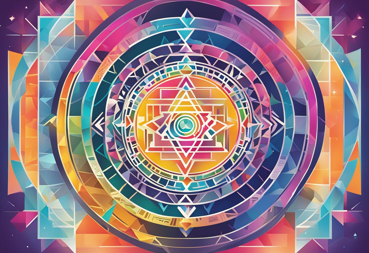 A vibrant, geometric yantra design surrounded by text in multiple languages, with a modern and sleek aesthetic