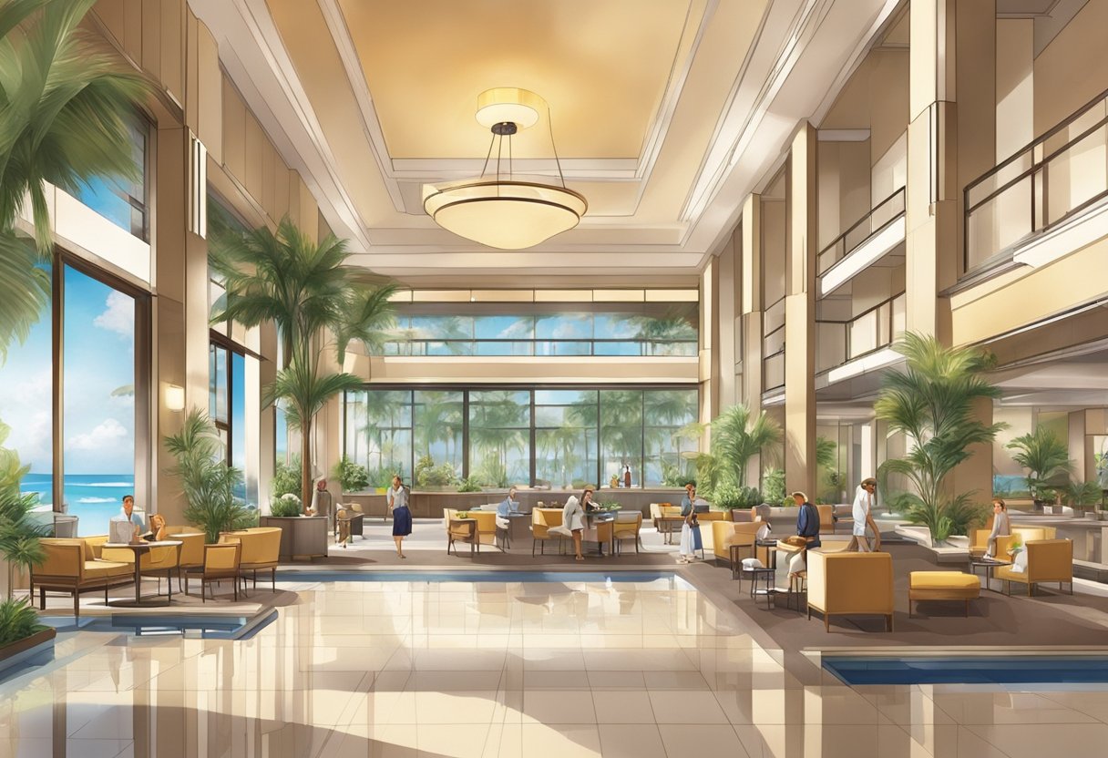 The hotel lobby bustles with guests checking in, while the pool glistens under the sun. A gym and spa offer relaxation, and a restaurant tempts with delicious aromas