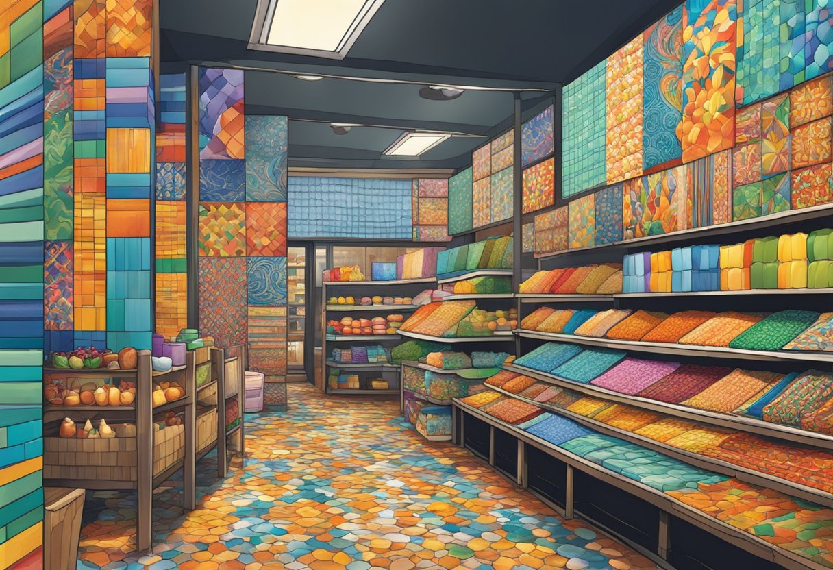Vibrant tiles cover the walls and floors of a bustling Singapore market, featuring intricate patterns and bold colors