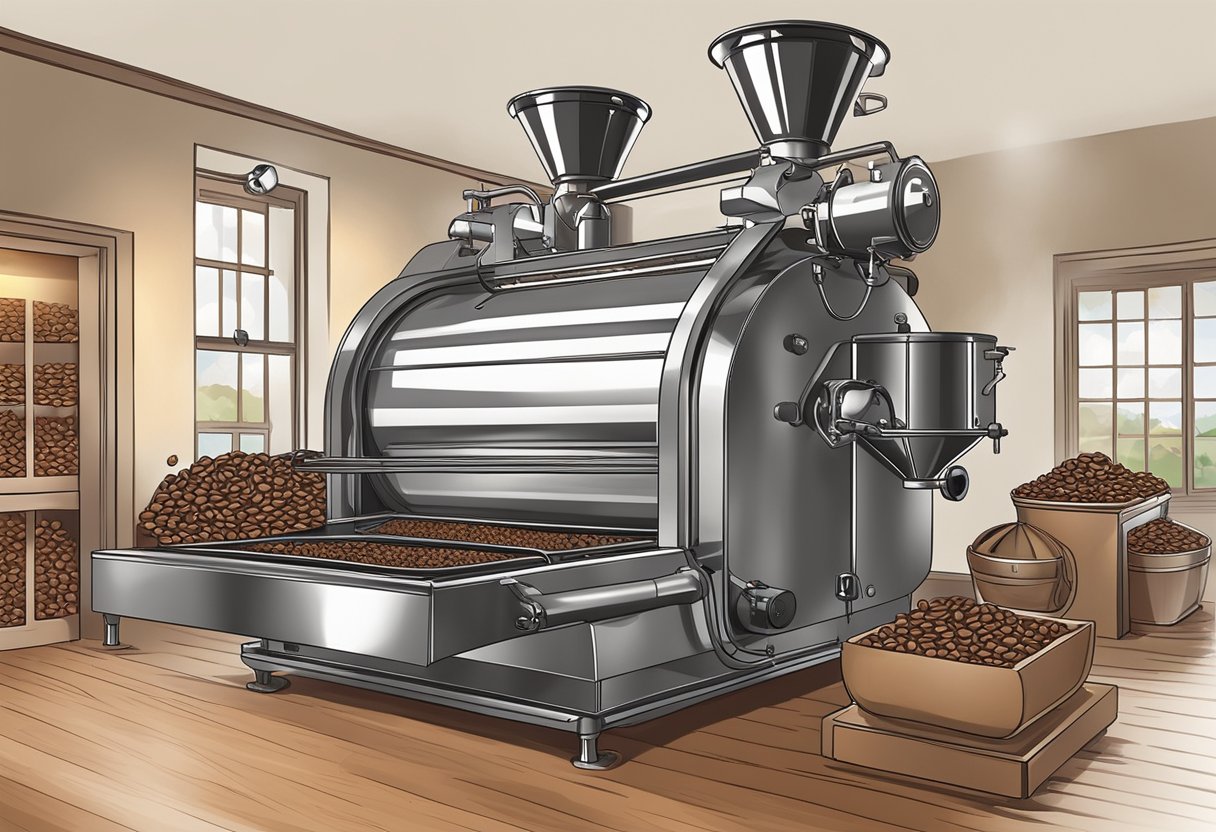 Coffee beans tumbling in a roasting machine, releasing aromatic steam. The roaster's logo displayed prominently in the background