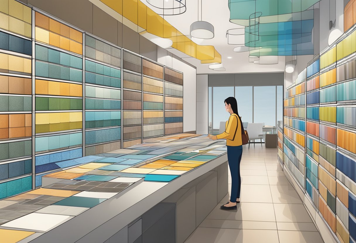 A person comparing various tile options in a Singapore showroom, surrounded by colorful and patterned tiles displayed on racks and tables