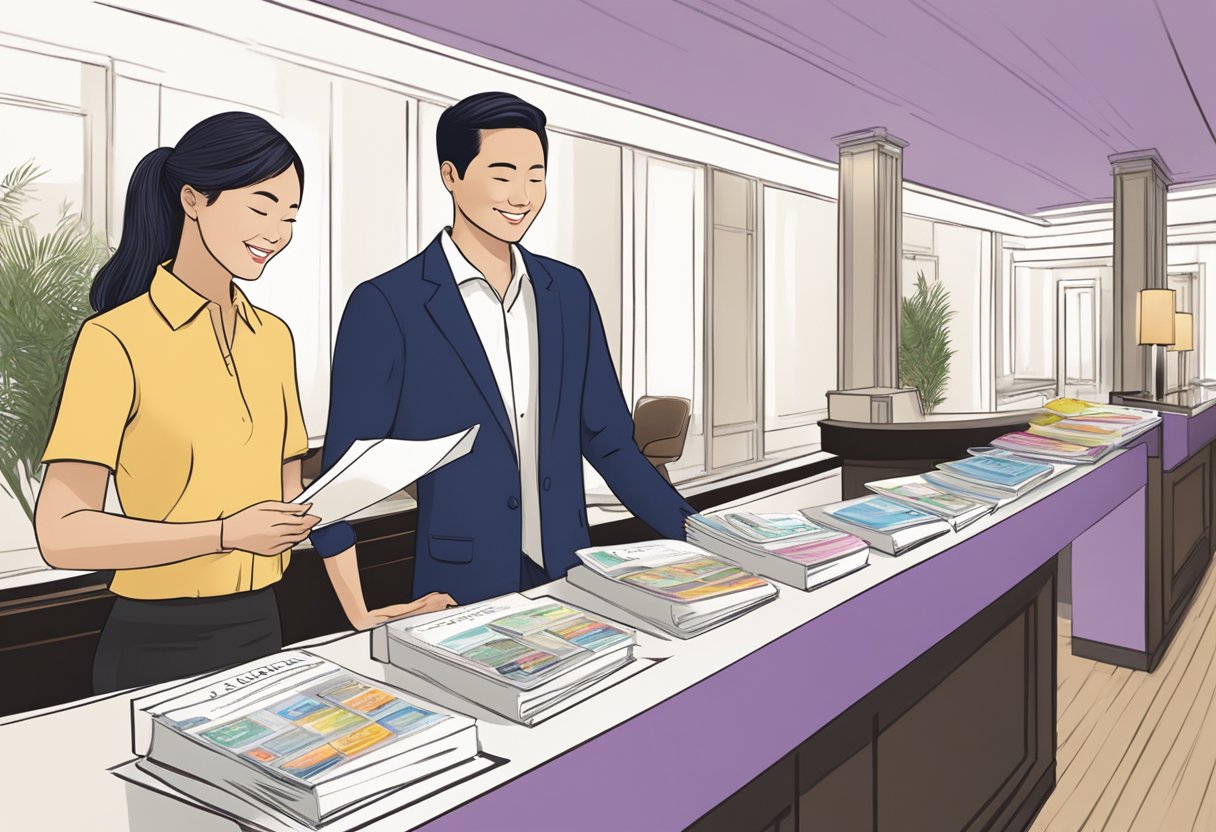 Guests approach the concierge desk at Hotel Lavender, Singapore. The staff member smiles and gestures towards a display of brochures and information packets