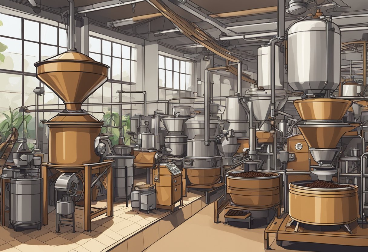 A bustling coffee roastery in Singapore, with large industrial machines and sacks of coffee beans stacked against the walls. The air is filled with the rich aroma of freshly roasted coffee