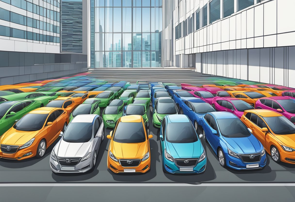 A row of colorful rental cars lined up outside a modern office building in downtown Singapore