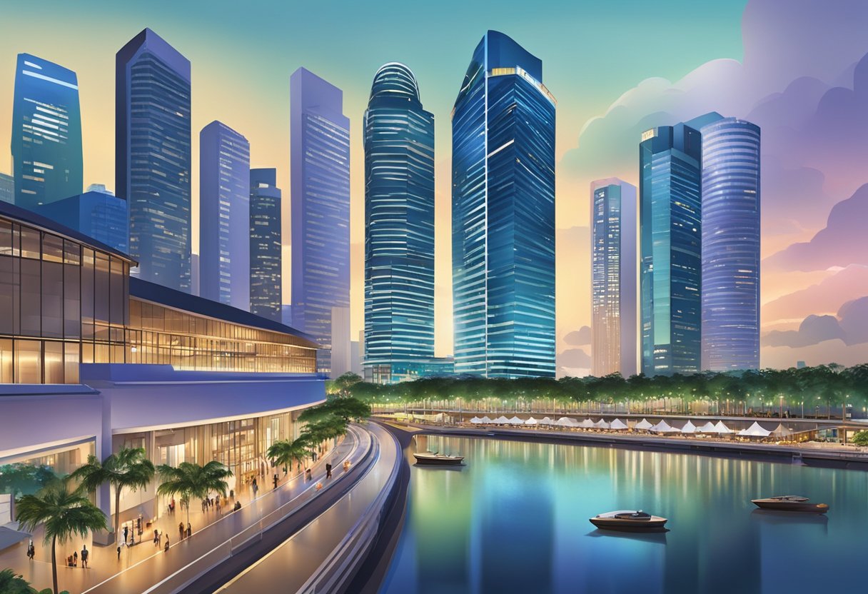 Raffles Boulevard, Marina Square, Singapore: A bustling waterfront with modern architecture and vibrant city lights