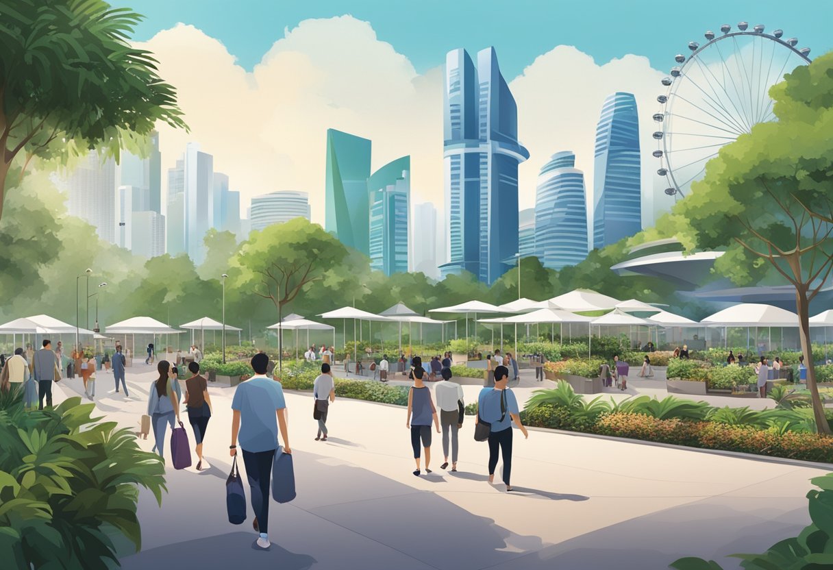 People strolling through Marina Square, surrounded by modern buildings and lush greenery, with the iconic Singapore Flyer in the background