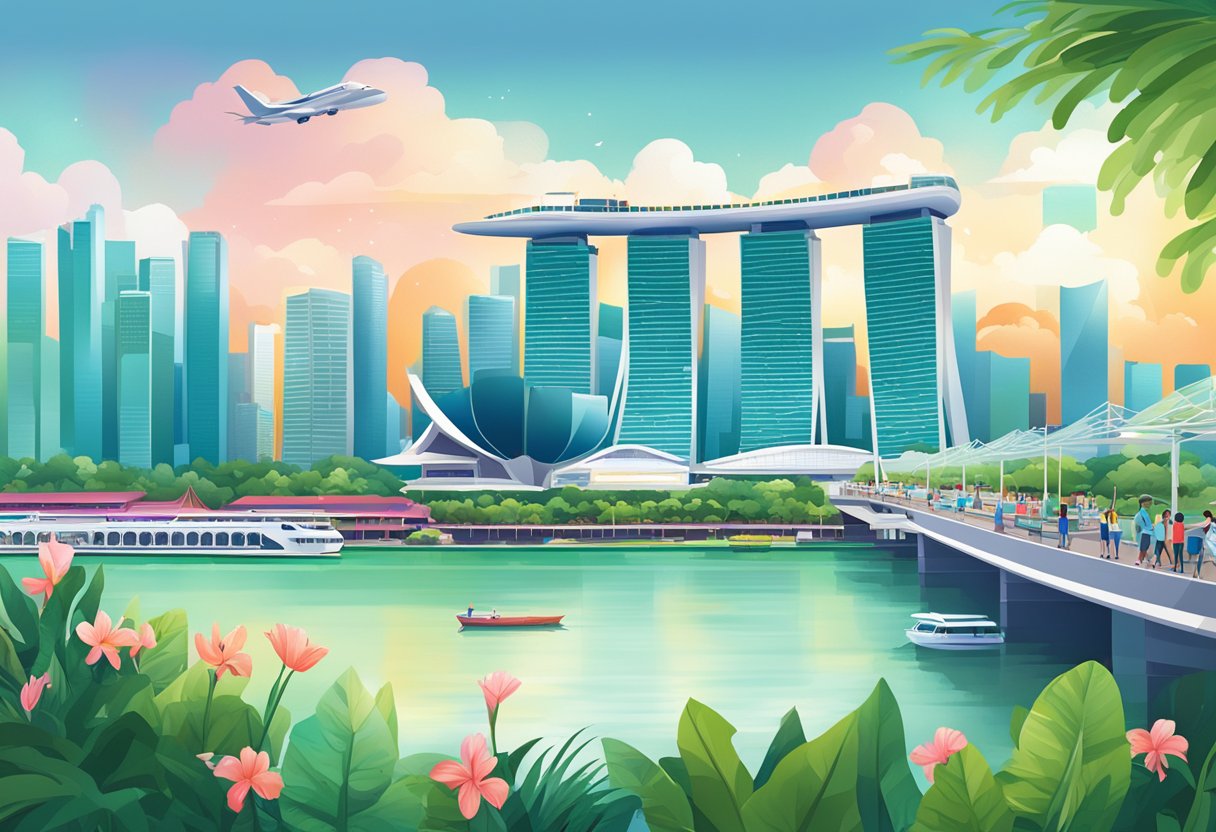 A vibrant cityscape of Singapore with iconic landmarks like Marina Bay Sands and the Singapore Flyer, surrounded by lush greenery and a bustling harbor