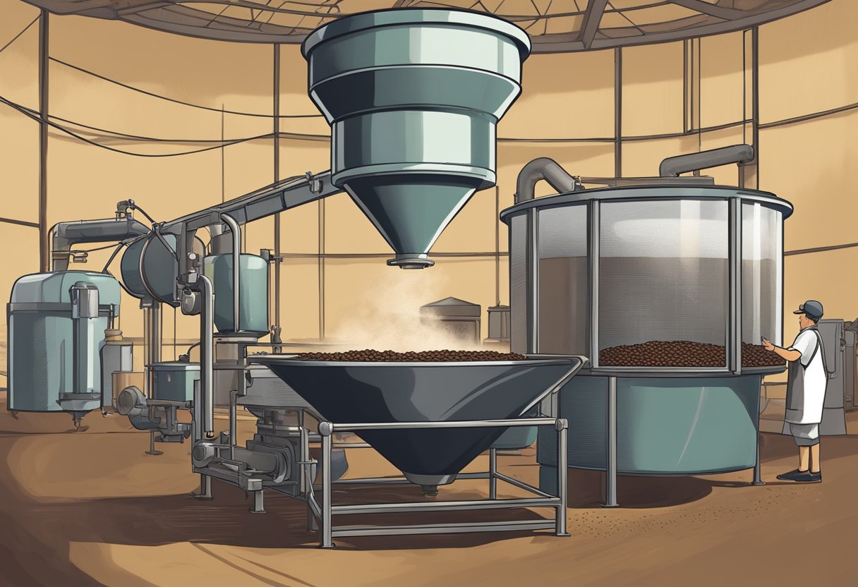 Coffee beans being roasted in a large drum, emitting a rich, aromatic scent. A conveyor belt transports the beans to a grinding machine, where they are transformed into a fine powder