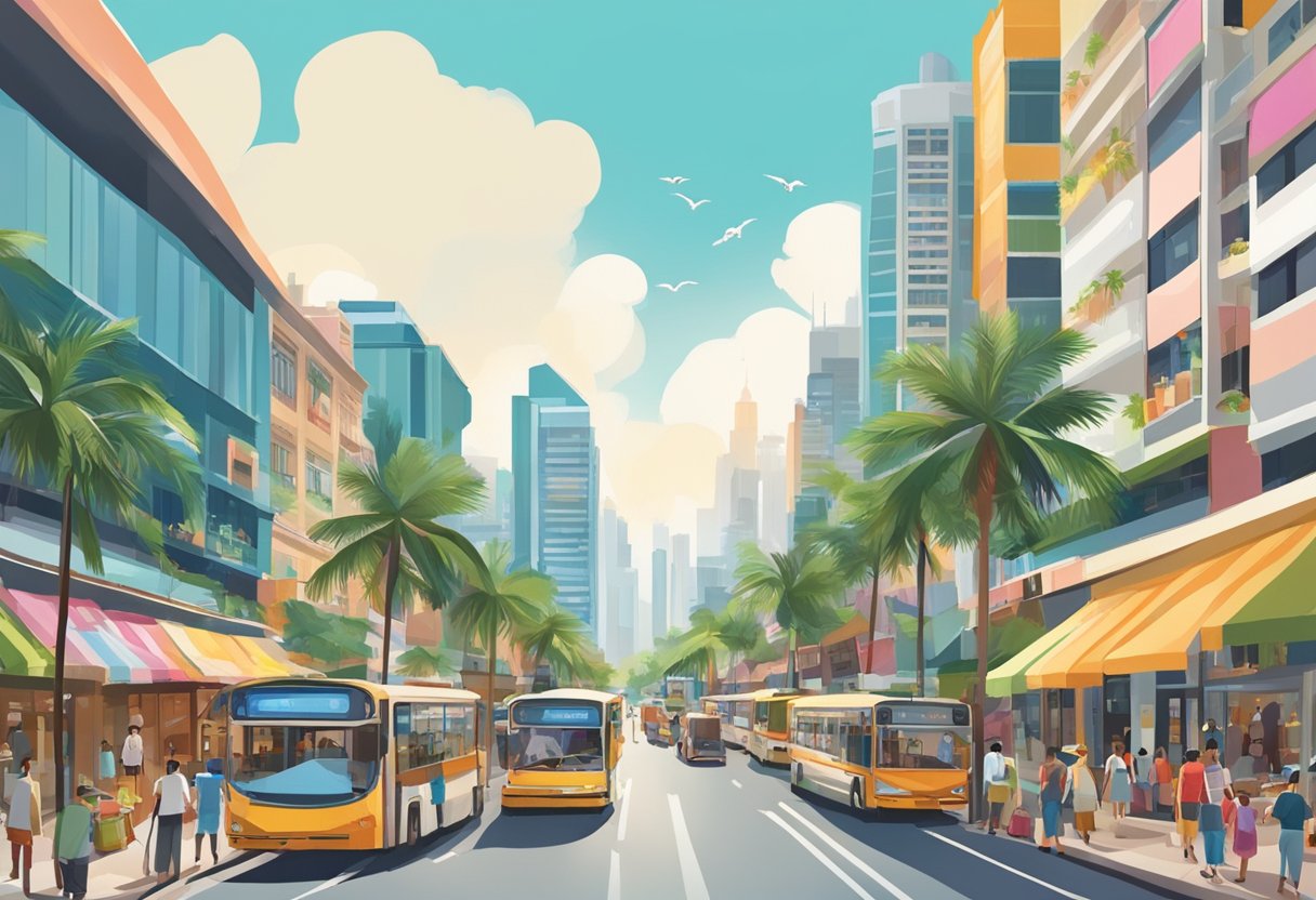 A bustling street in north east Singapore, with colorful shopfronts and bustling activity. Palm trees sway in the warm breeze, while the iconic skyline looms in the distance