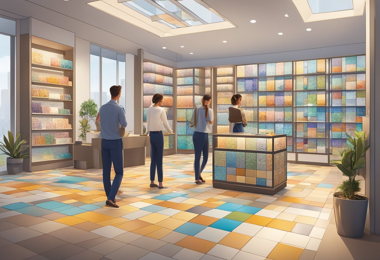 Customers browsing colorful tiles in a well-lit showroom with various designs and sizes on display. Staff assisting with samples and measurements