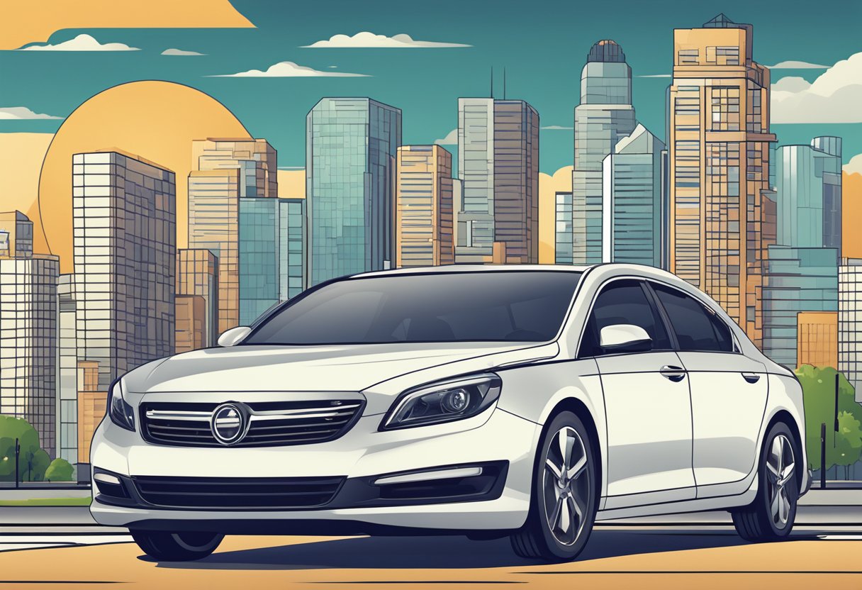 A sleek car parked in front of a modern city skyline, with a monthly car rental sign displayed prominently