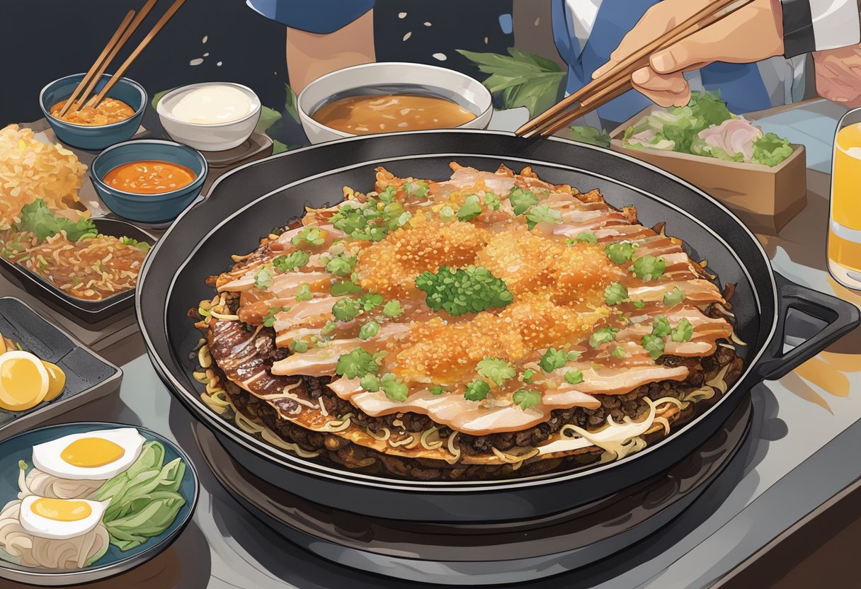 A sizzling hotplate with savory okonomiyaki, topped with bonito flakes and drizzled with tangy sauce, surrounded by a bustling hawker center in Singapore