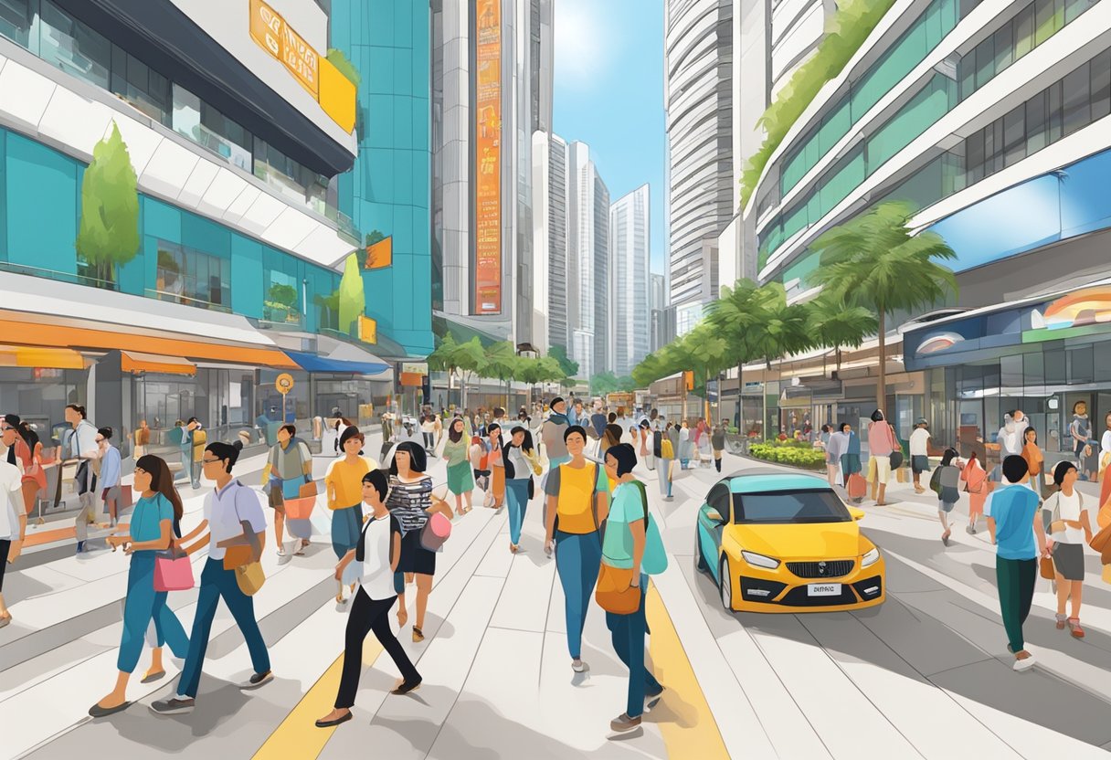 A bustling street scene at Raffles Boulevard, Marina Square, Singapore, with colorful signage and busy foot traffic