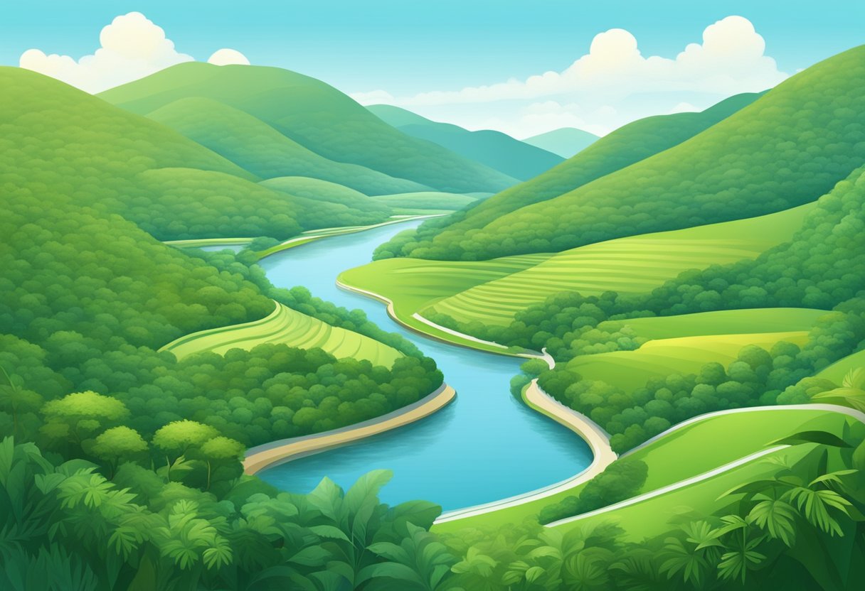 Lush greenery and gently rolling hills dominate the landscape of northeast Singapore, with clear blue skies and a tranquil river winding through the scene