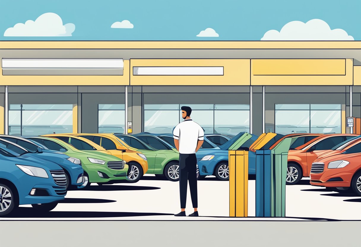 A customer standing in front of a row of rental cars, comparing prices and features on a sunny day with a clear blue sky