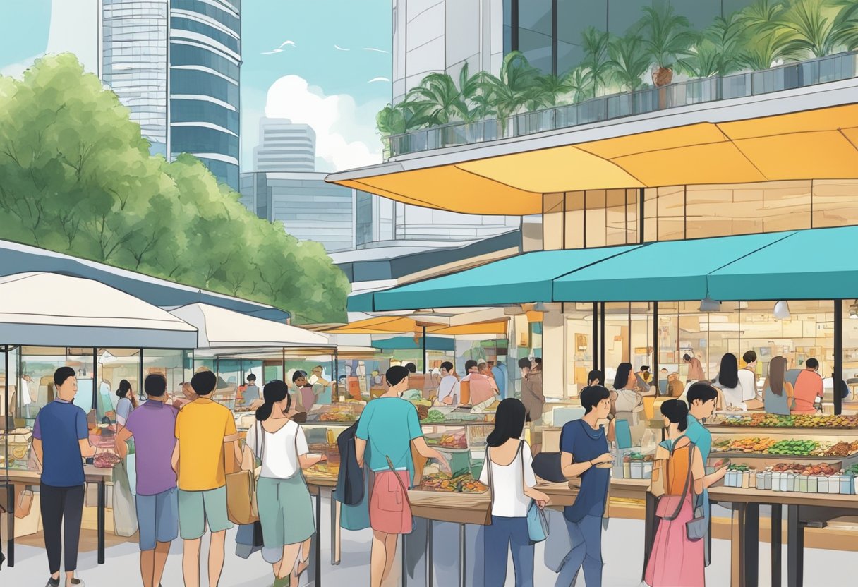 A bustling scene at Raffles Boulevard, Marina Square, Singapore. People browsing shops, dining, and enjoying the waterfront view