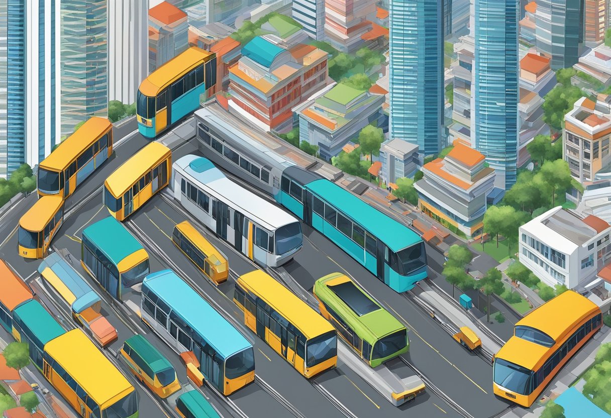 The bustling cityscape of North East Singapore, with skyscrapers, bustling streets, and a network of modern transportation including trains and buses