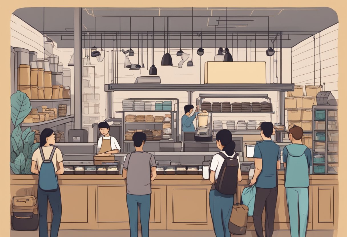 A bustling coffee roastery in Singapore with customers lining up, bags of freshly roasted beans, and staff busy answering FAQs