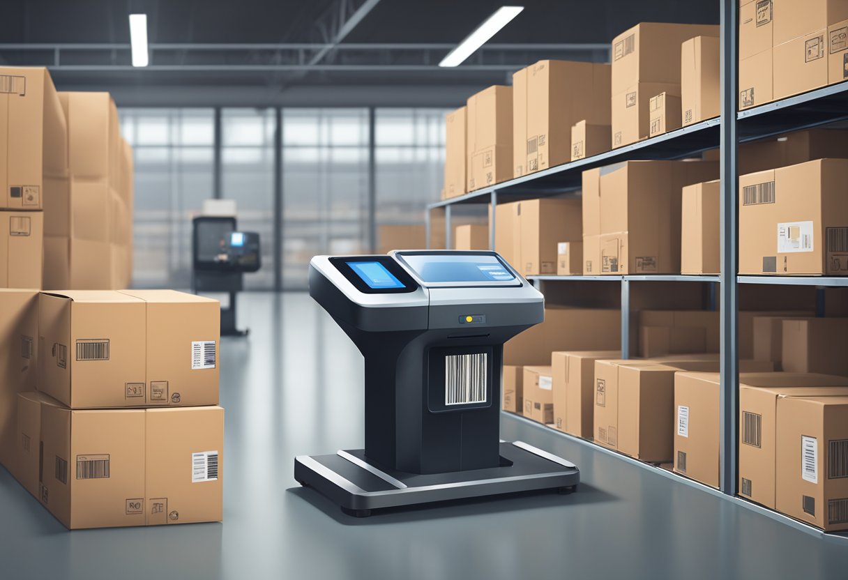A package being scanned by a barcode reader in a modern, clean, and well-lit warehouse setting