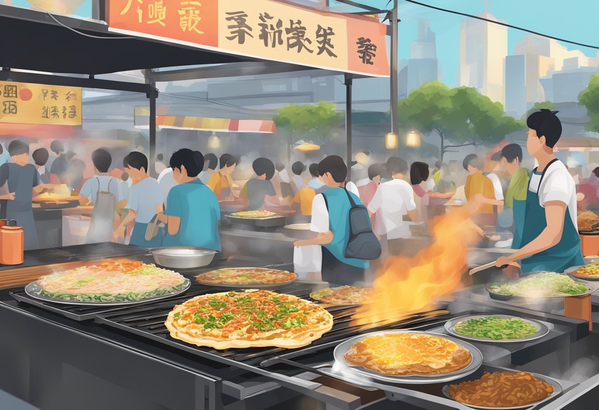 A sizzling hot plate of Okonomiyaki being cooked in a bustling Singapore street food market. Steam rises as the savory pancake is topped with a colorful array of ingredients
