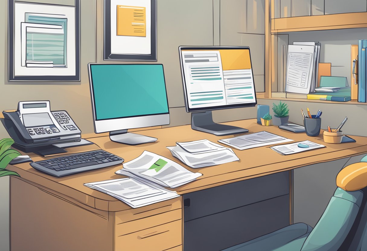 A desk with a computer, phone, and printed documents. A sign with "Frequently Asked Questions" and a car rental logo