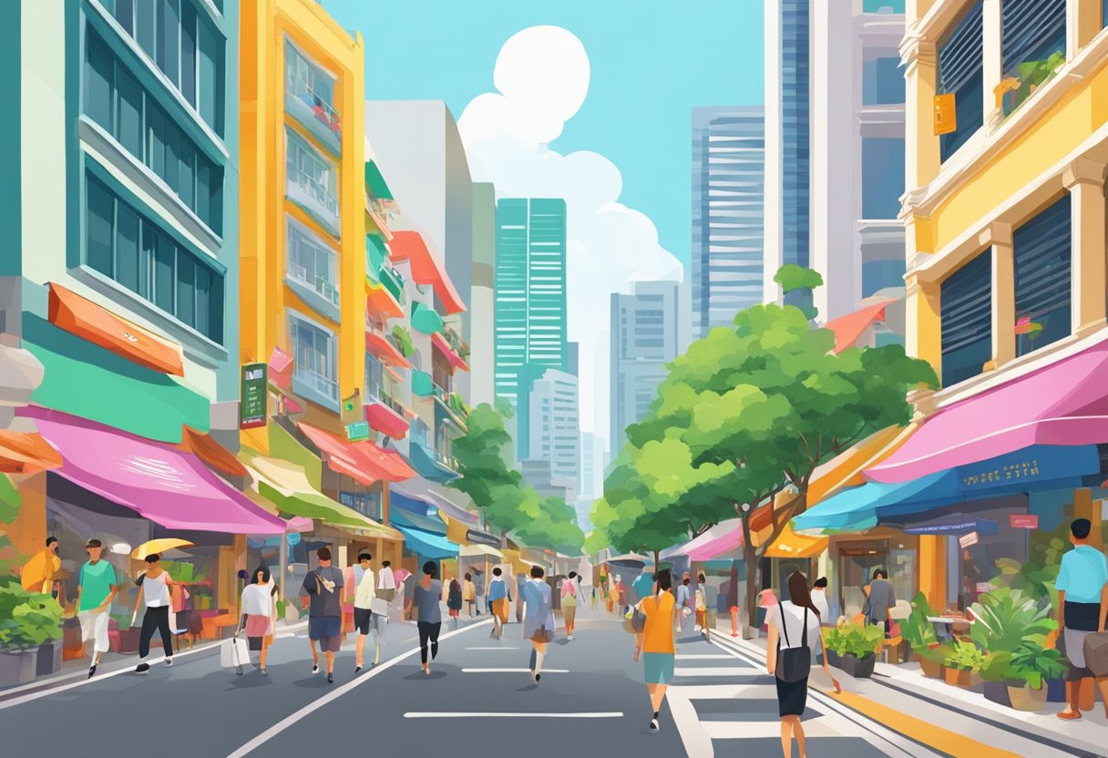 A bustling street in Singapore, with colorful shopfronts and vibrant signs. People walk by, surrounded by tall buildings and lush greenery