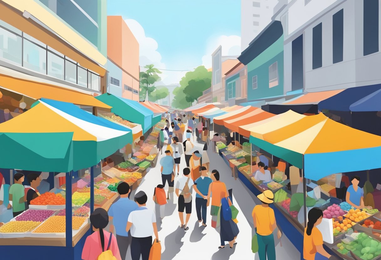 A bustling street market in North East Singapore, with colorful stalls and people browsing
