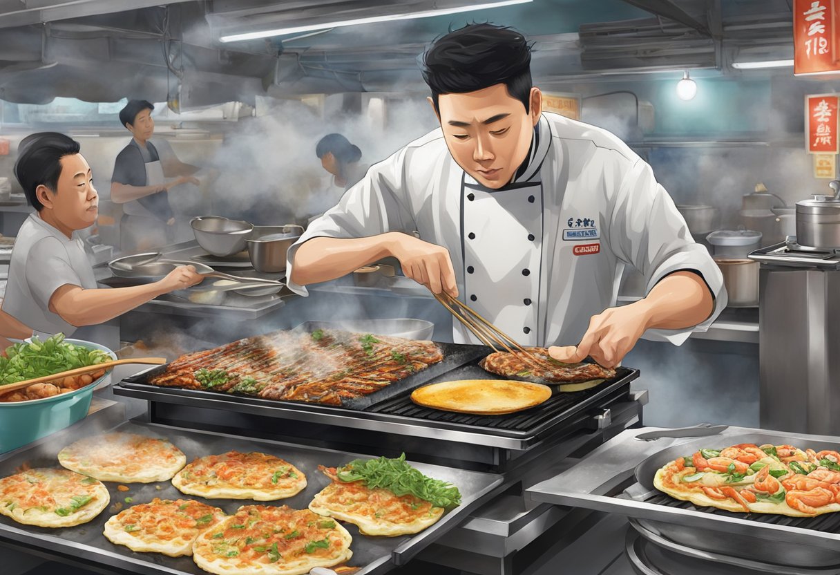 A sizzling hot griddle cooks up a savory okonomiyaki, filled with fresh seafood and vegetables, while a chef expertly flips the pancake-like dish in a bustling Singapore street food market