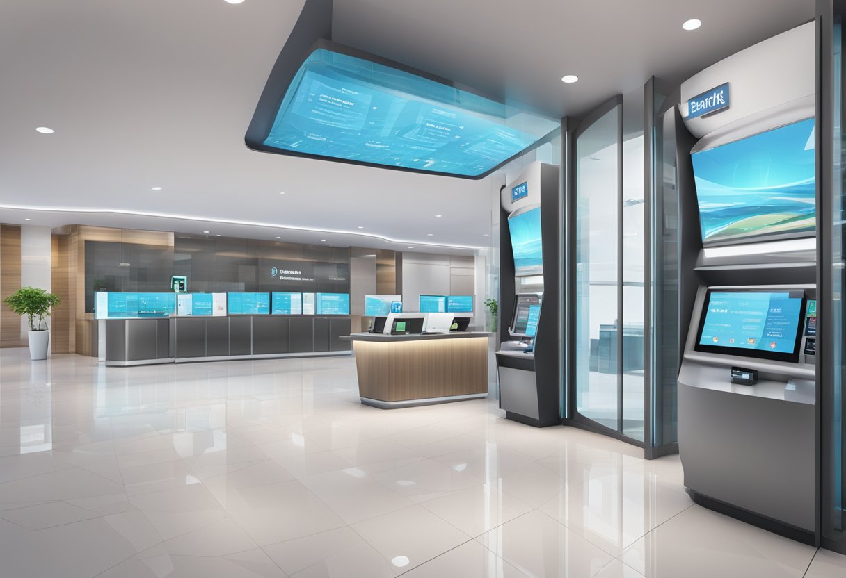 A modern bank branch in Singapore with sleek, glass façade and digital screens displaying financial services