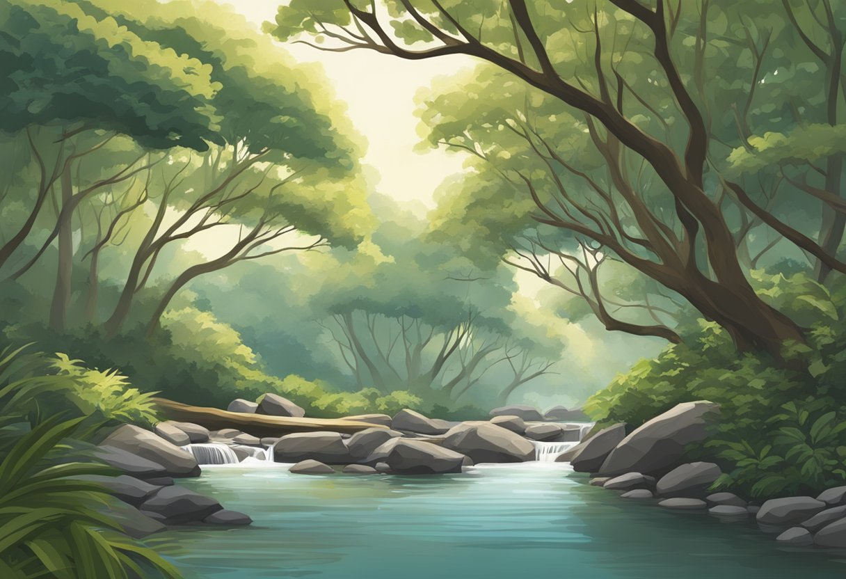 Tree branches reach out over a peaceful stream, providing easy access for visitors in Singapore's serene natural setting