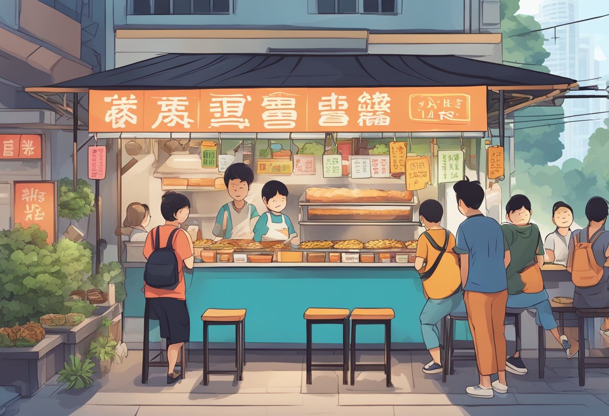 A colorful street food stall with a sign reading "Frequently Asked Questions okonomiyaki Singapore" surrounded by hungry customers