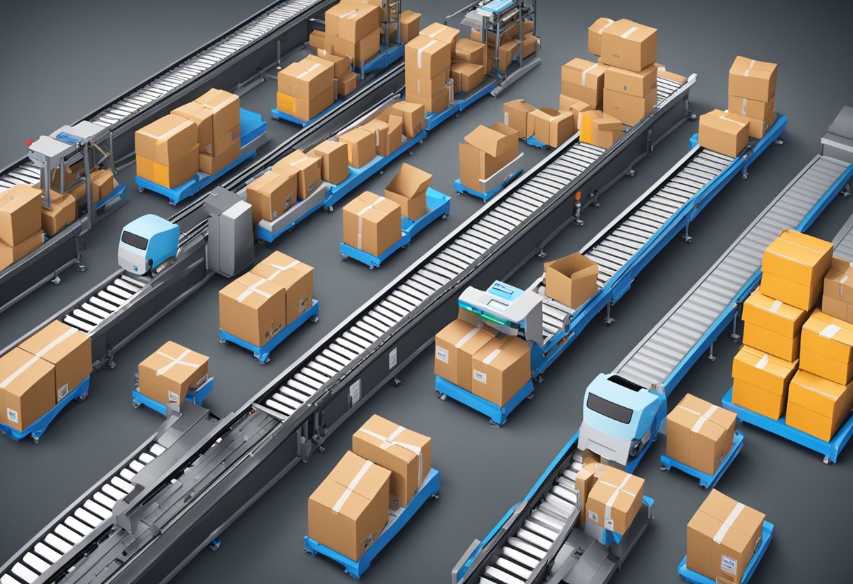 Packages moving along conveyor belts, being scanned and sorted by automated machines, with digital screens displaying real-time tracking information
