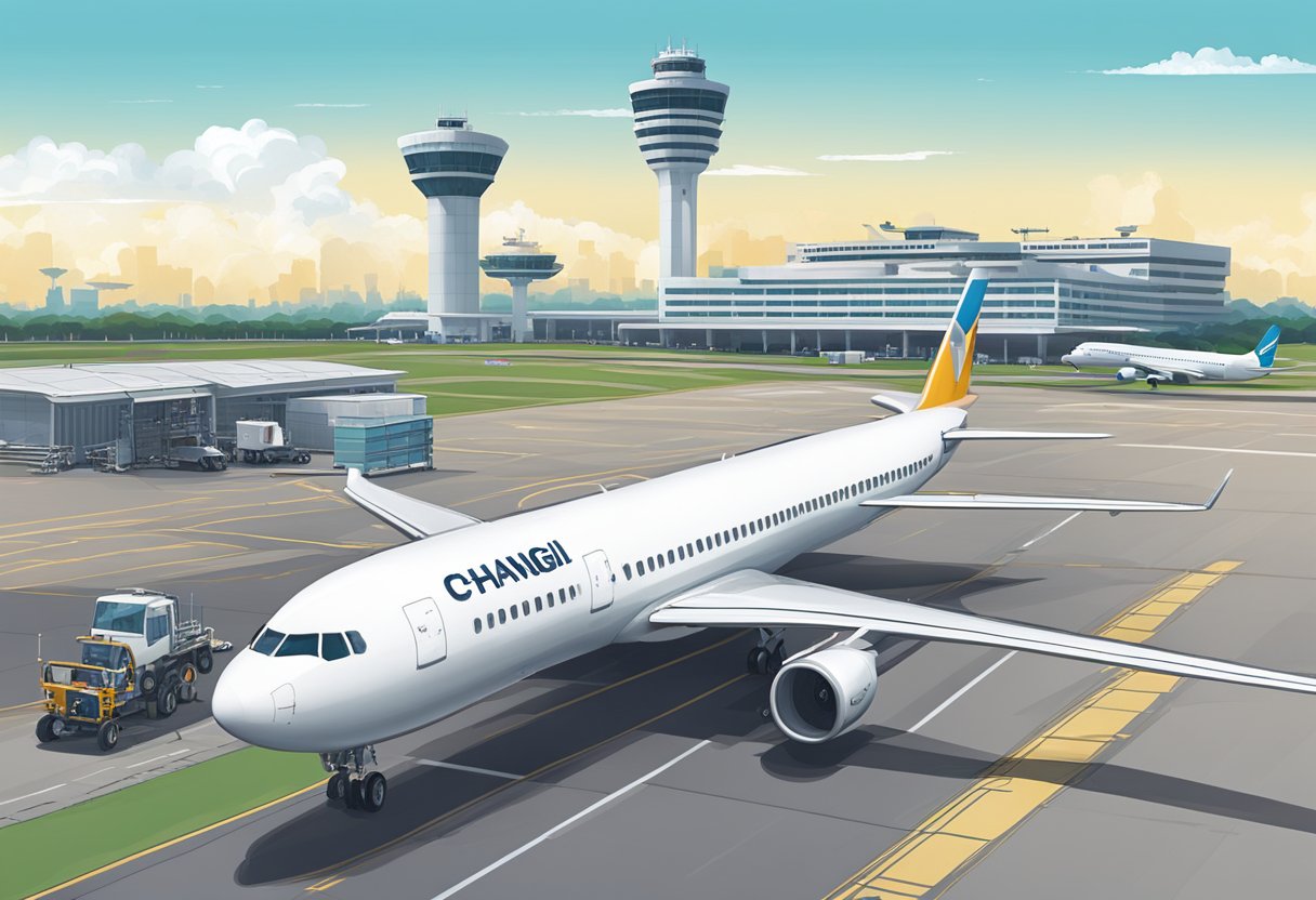 Planes taxiing on tarmac at Changi Airport, with control tower and city skyline in the background