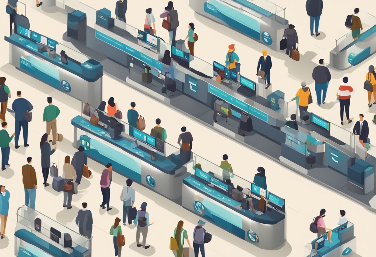 Passengers queue at immigration counters. Officials process passports. Baggage carousel rotates. Signs guide towards customs and exits