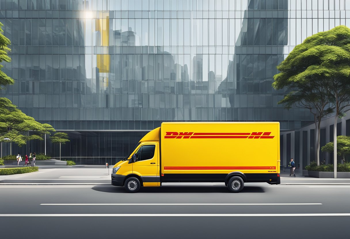 A DHL Express delivery truck parked outside a modern office building in Singapore, with the iconic red and yellow logo prominently displayed on the vehicle