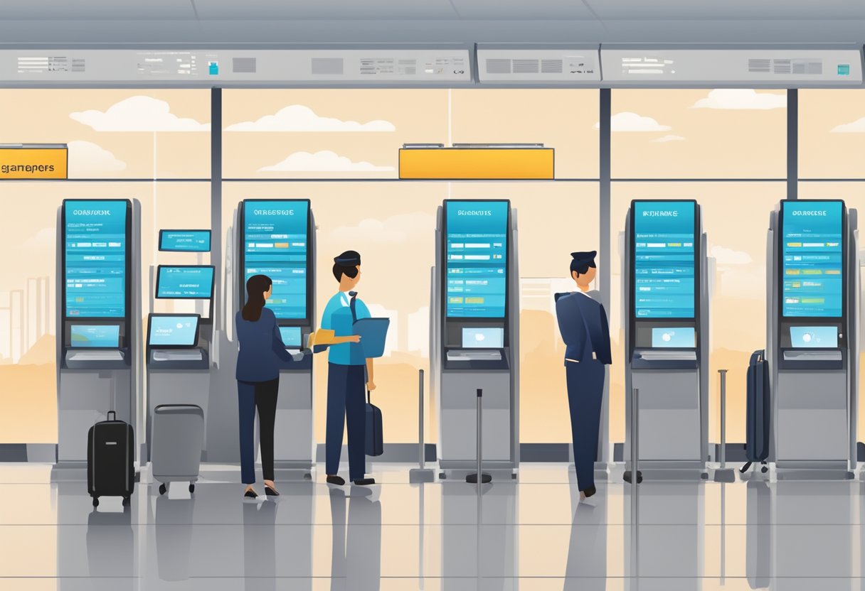 Passengers check screens for Singapore arrivals. Airline staff assist with flight information and services
