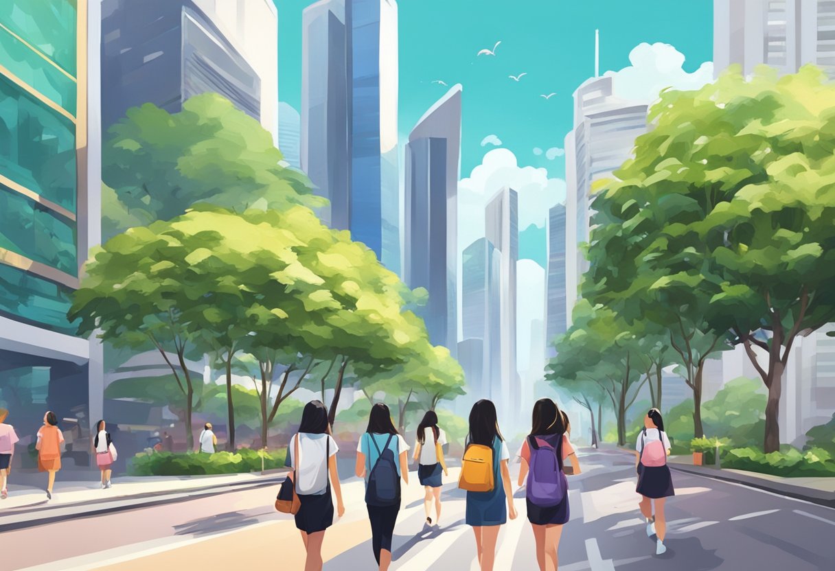 A group of Singapore girls walking through a vibrant city street, surrounded by modern skyscrapers and lush greenery