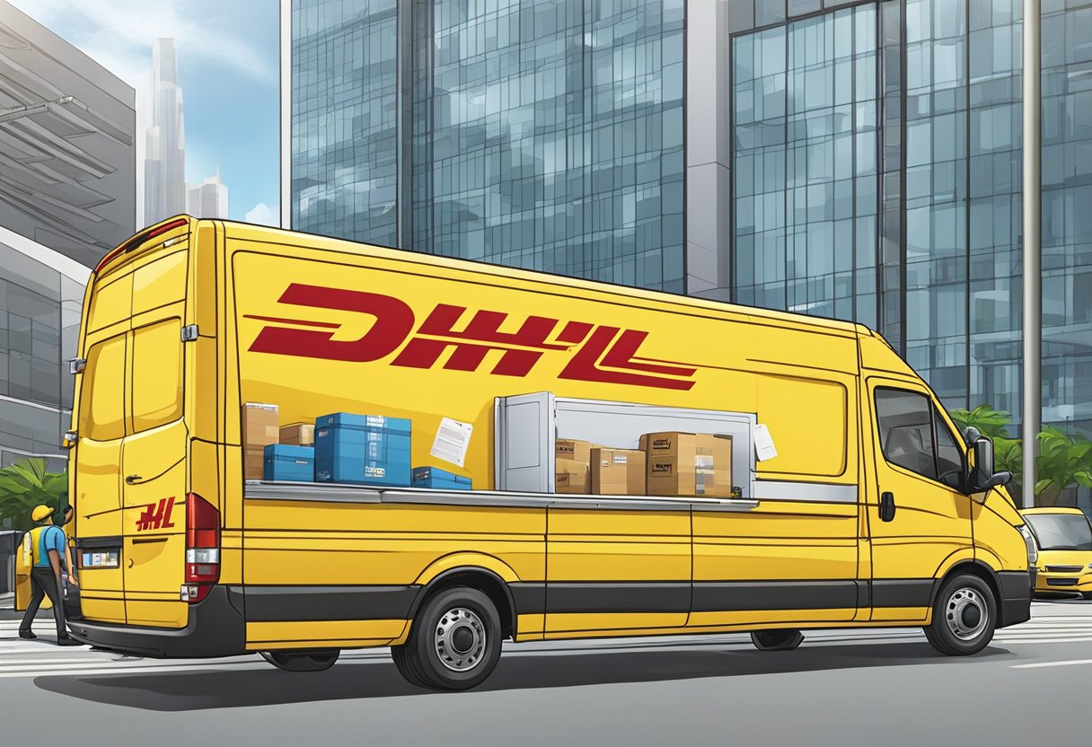 A DHL Express Singapore van parked outside a bustling office building, with packages being loaded onto a conveyor belt by workers in the background