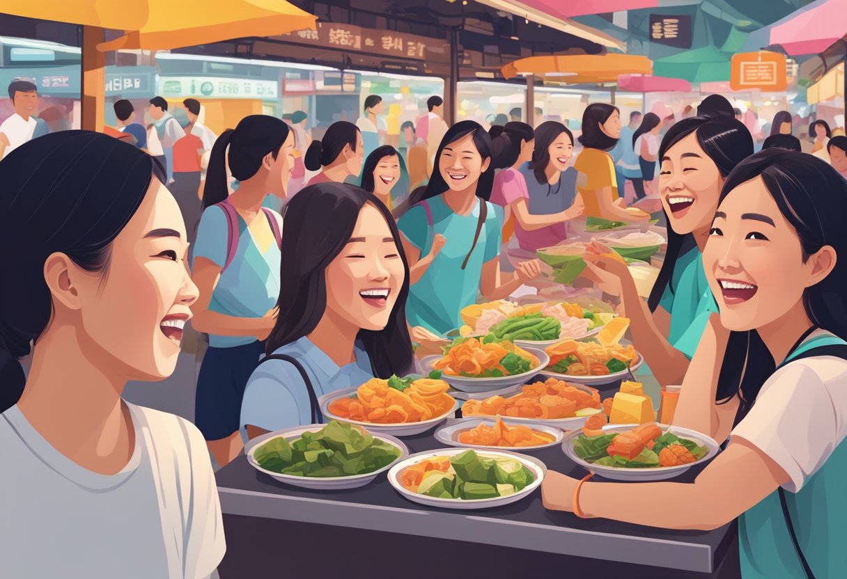 A group of Singaporean girls chatting and laughing at a hawker center, surrounded by colorful food stalls and bustling crowds