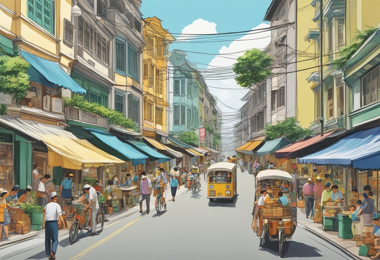 A bustling Singapore street lined with colorful shophouses and bustling with activity in 1975