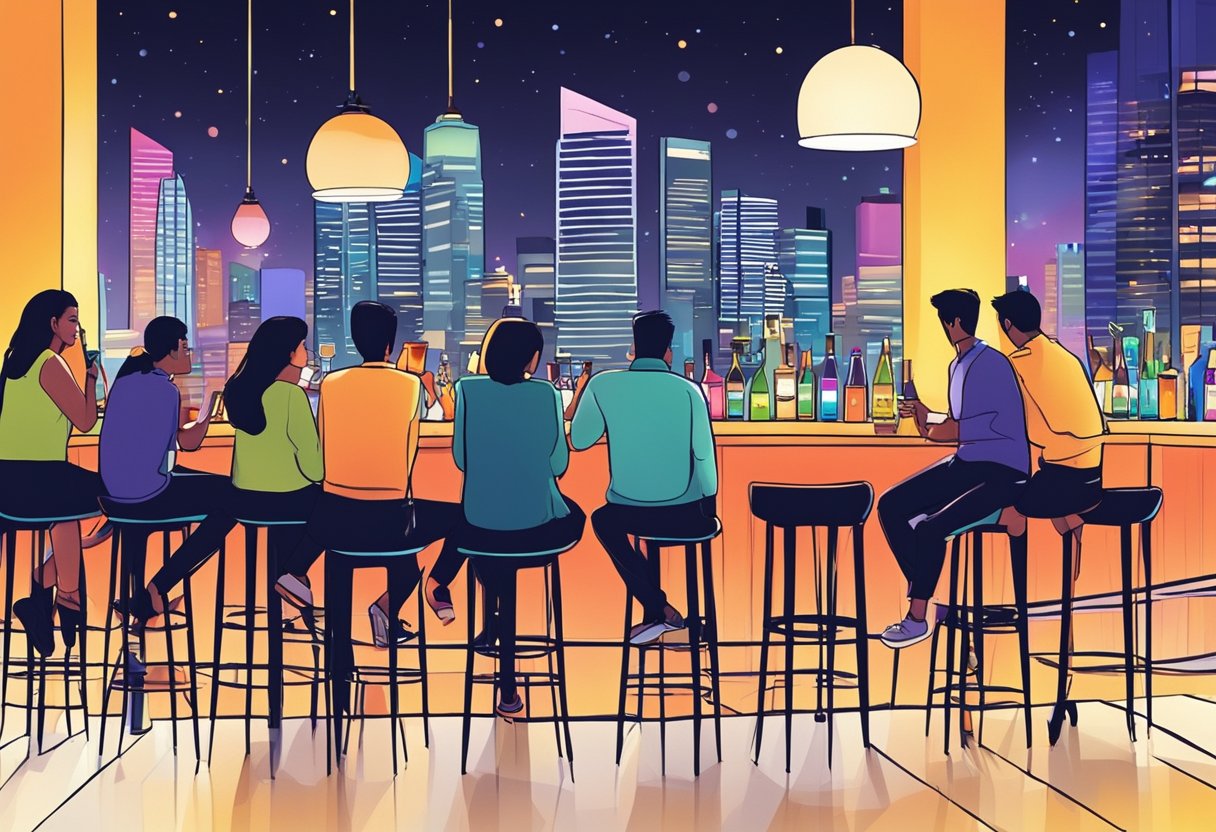 People chatting at a vibrant bar in Singapore, with colorful cocktails and city lights in the background