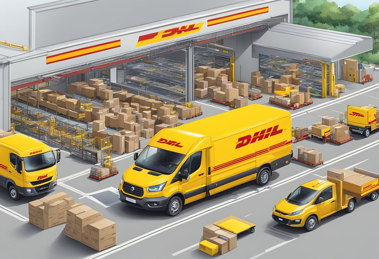 A bustling DHL Express Singapore facility with packages being sorted and loaded onto delivery vehicles, while innovative solutions and growth are emphasized through advanced technology and efficient processes