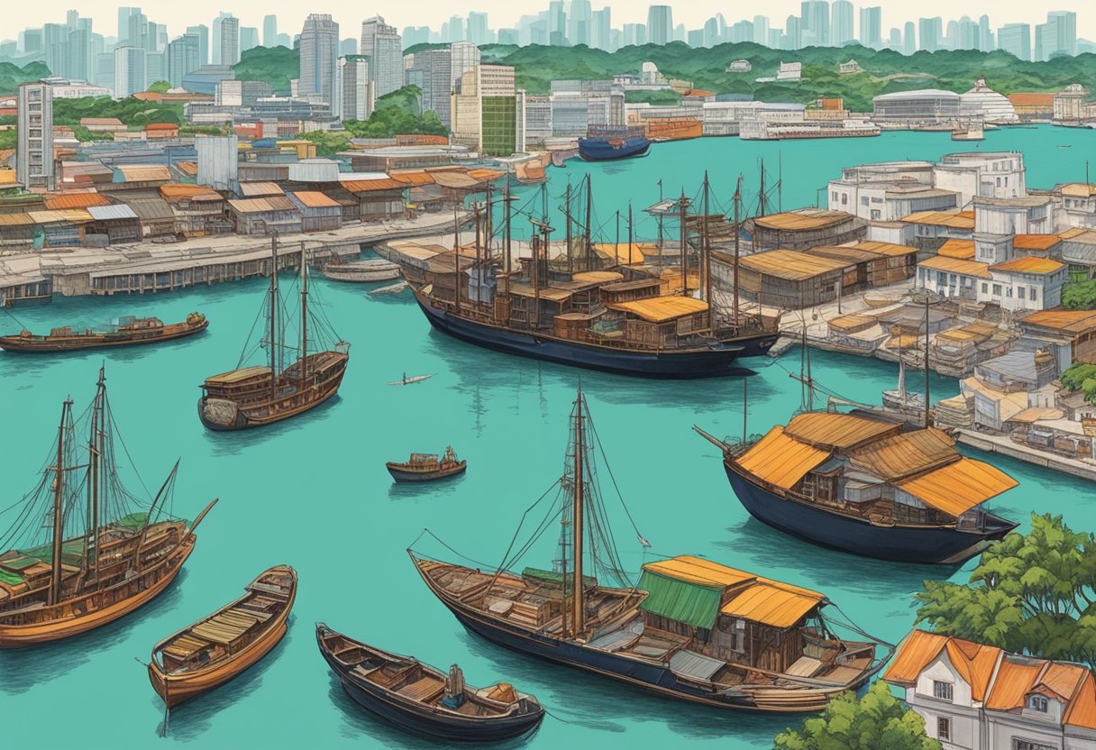 A bustling harbor with traditional wooden boats and modern cargo ships, surrounded by a mix of colonial and modern architecture in 1975 Singapore