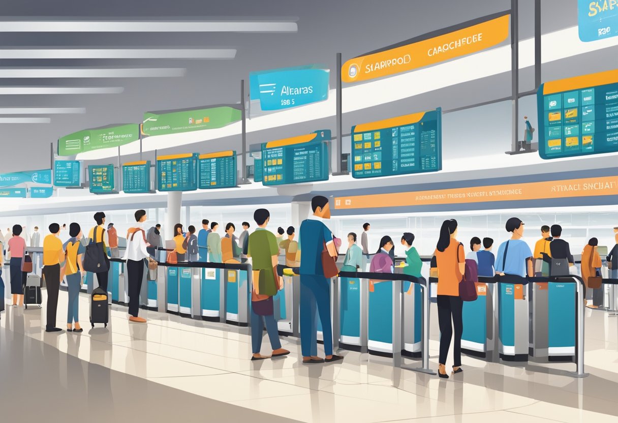 Passengers lining up at Singapore arrivals, looking at signage and information boards. Baggage carousels in the background, airport staff assisting travelers