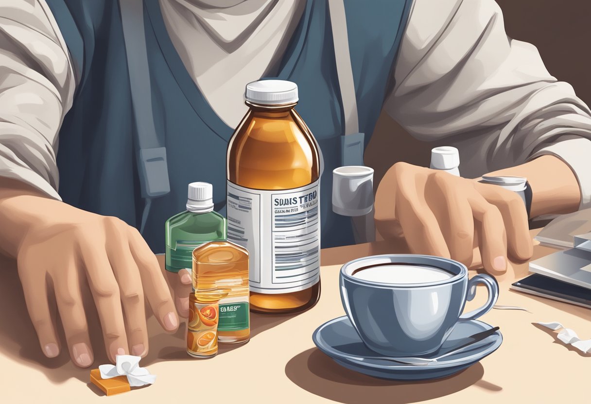 A person holding a bottle of cough syrup next to a table with a cup of hot tea and a box of tissues