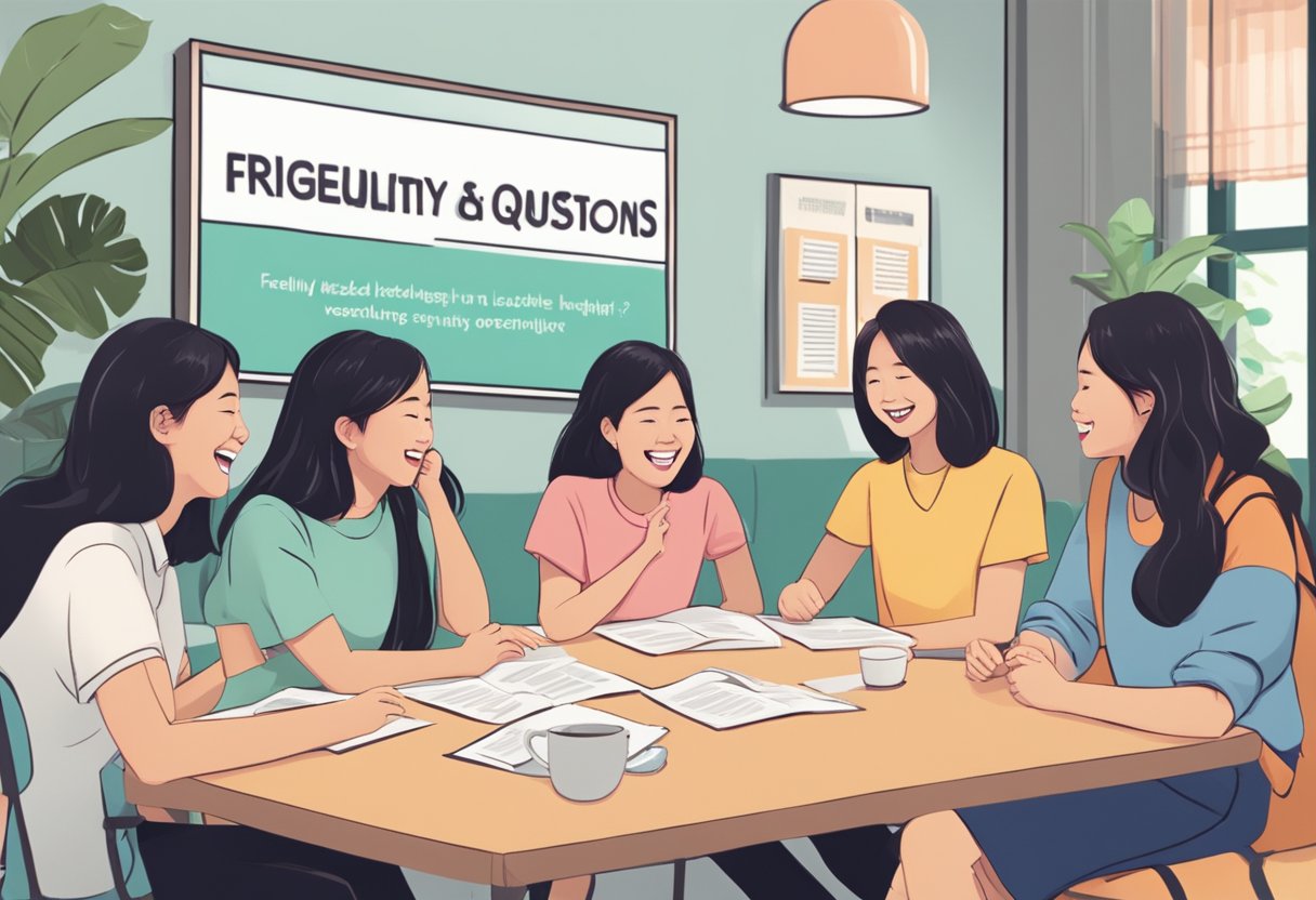 A group of Singaporean girls gathered around a table, engaged in conversation and laughter, with a sign reading "Frequently Asked Questions" in the background