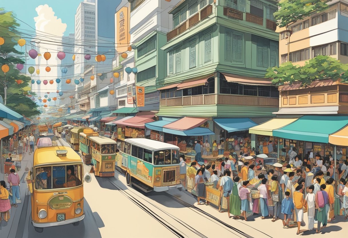 The bustling streets of 1975 Singapore, filled with colorful cultural events and traditional celebrations